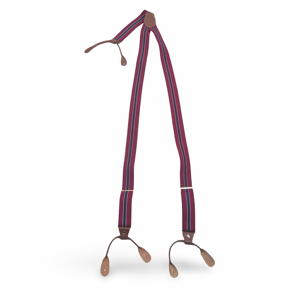 Vintage CAS West Germany Men Striped Suspenders Burgundy Navy Blue Button End